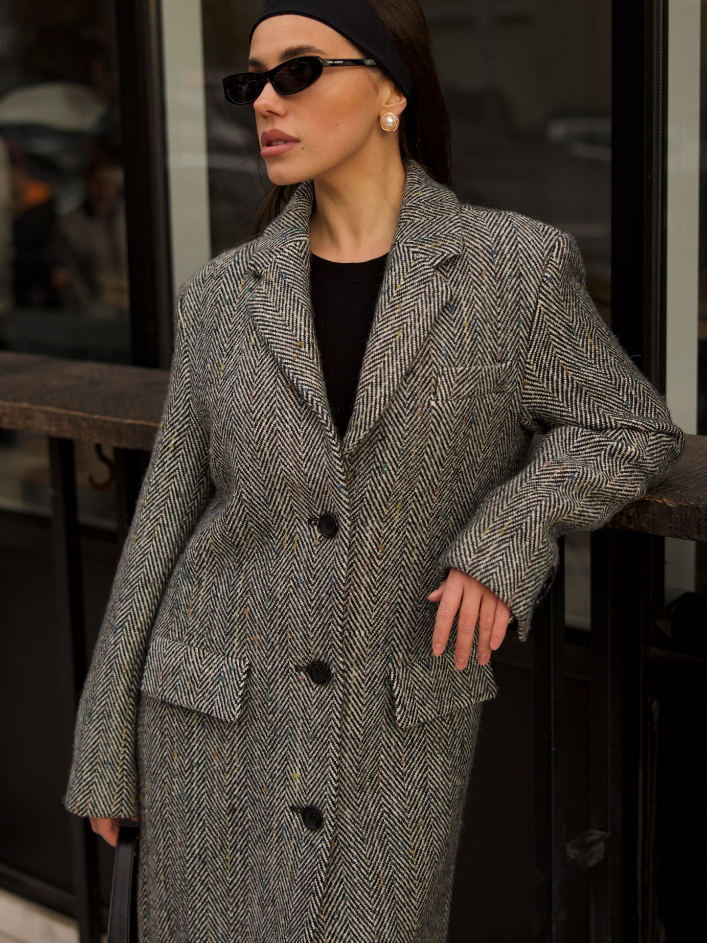 Wool Coat with Masculine Shoulders, Grey Herringbone