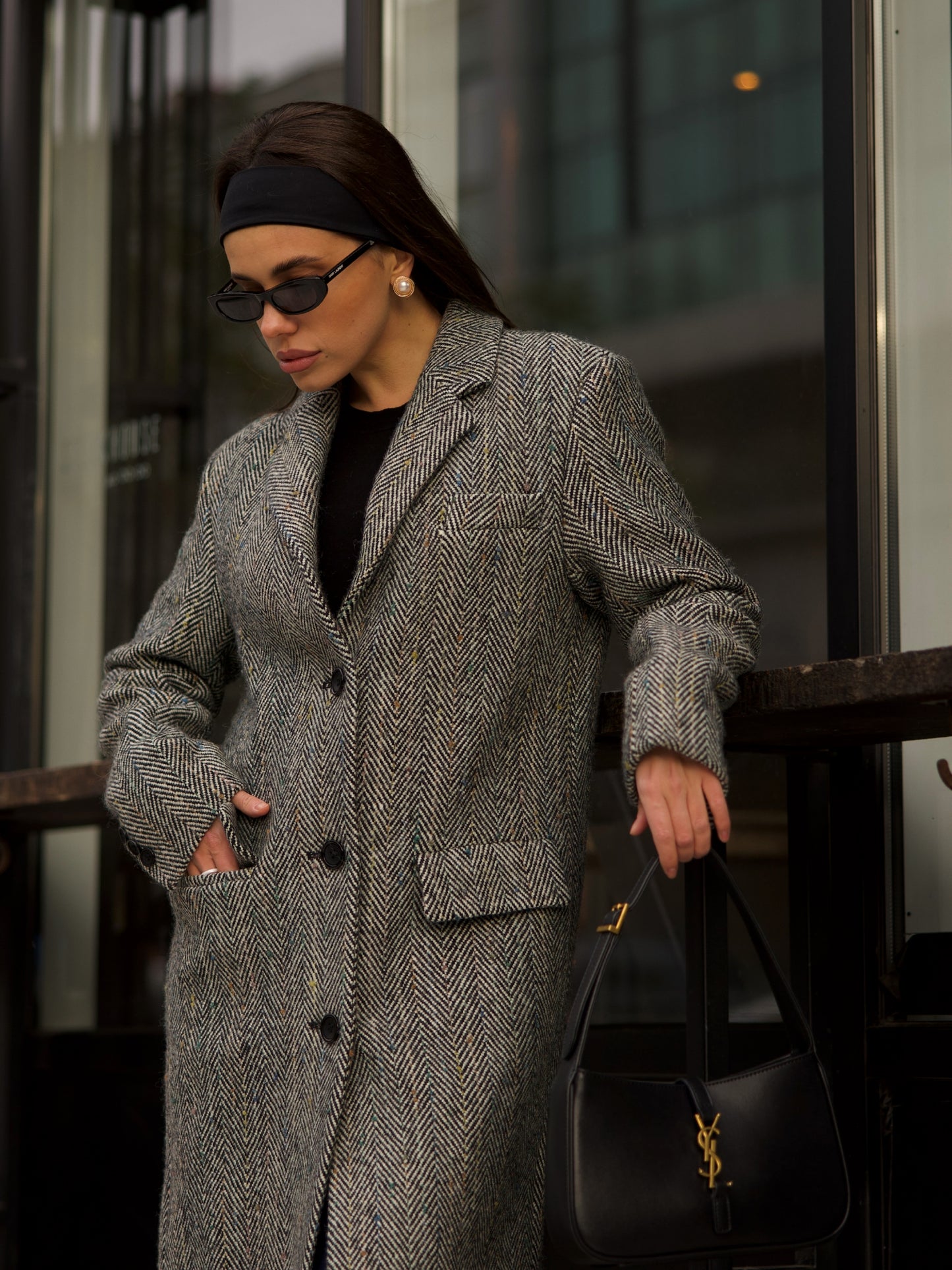 Wool Coat with Masculine Shoulders, Grey Herringbone