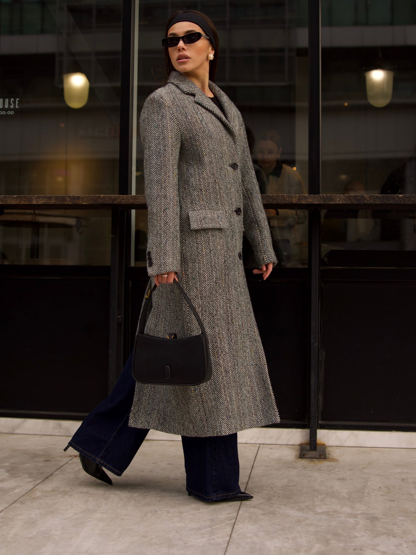 Wool Coat with Masculine Shoulders, Grey Herringbone