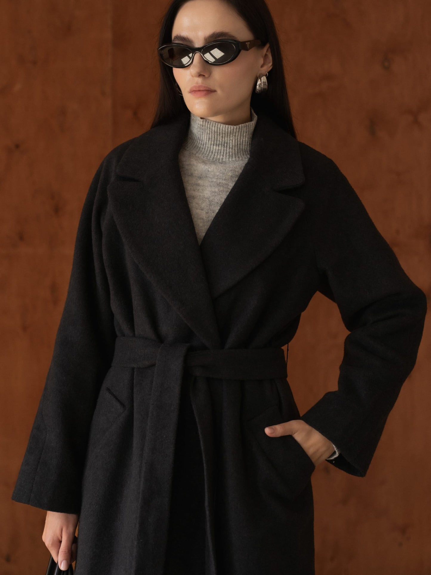 Double-breasted long coat with trim ribbon, Black Graphite