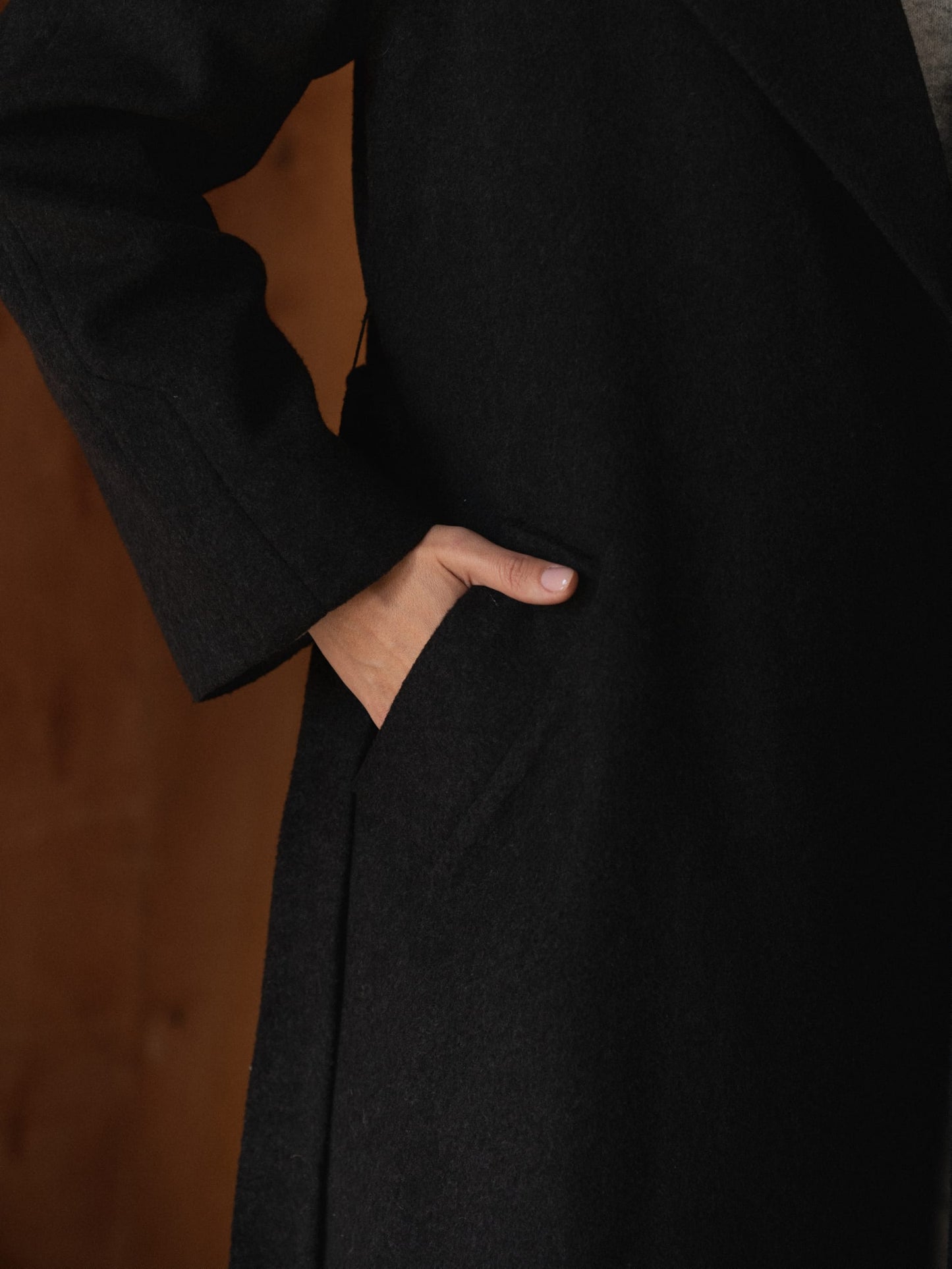 Double-breasted long coat with trim ribbon, Black Graphite