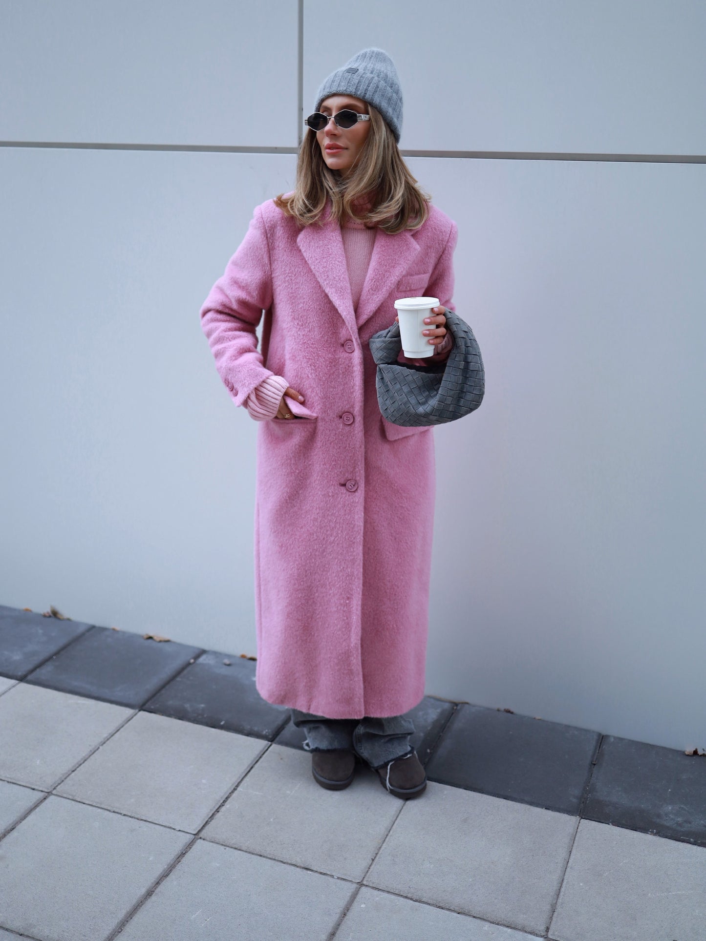 Wool Coat with Masculine Shoulders, Pink