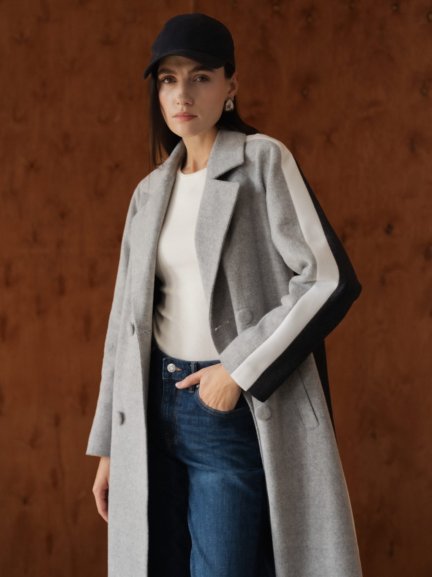 Three-color Long Coat, Blue and Gray