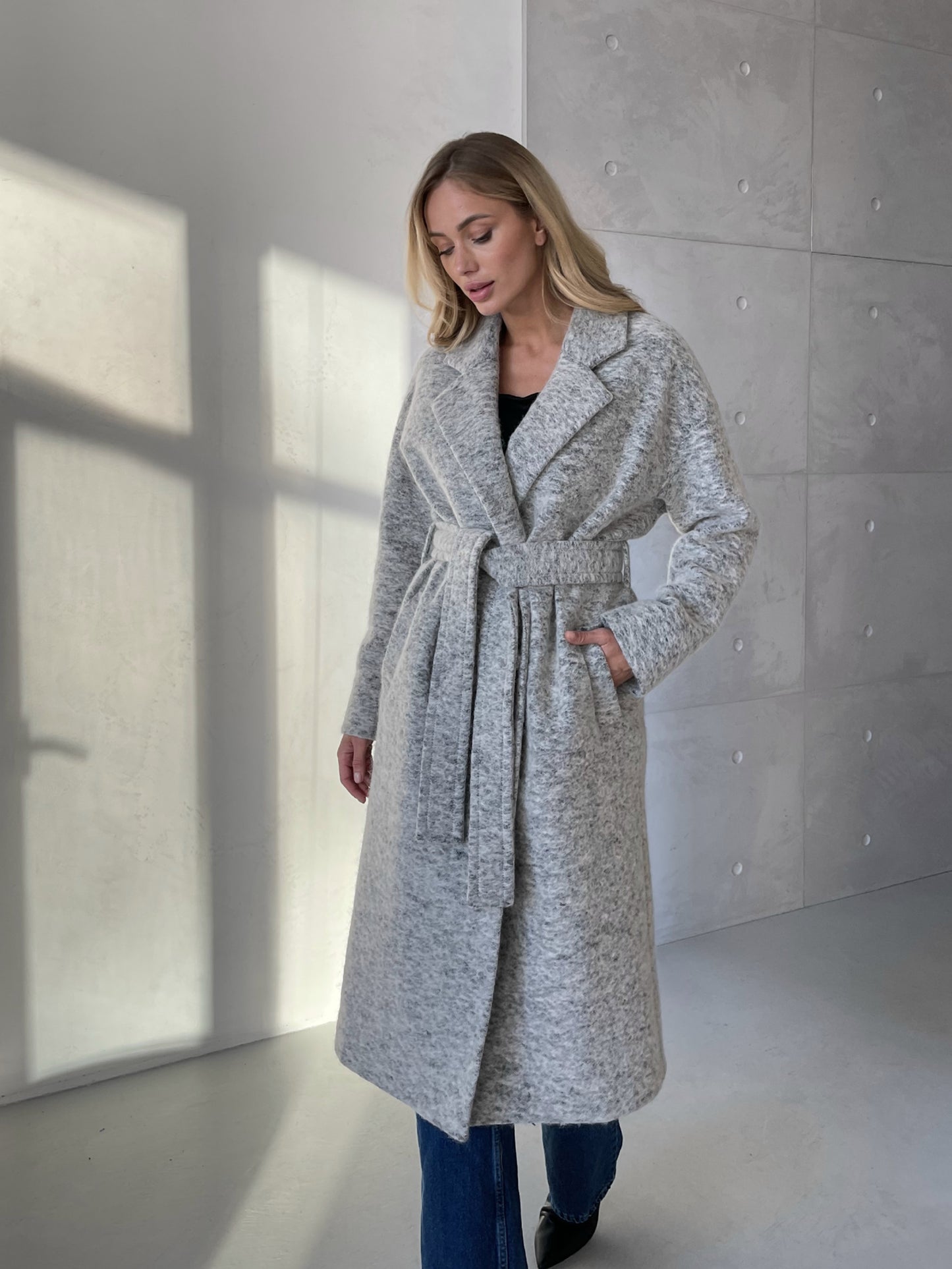 Wool Pile Long coat with belt, Grey