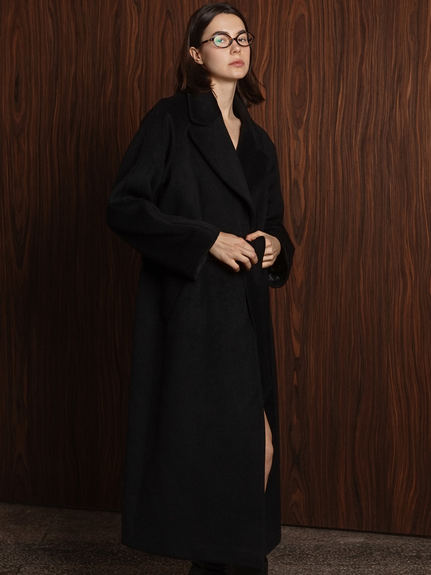 Double-breasted long coat with trim ribbon, Black