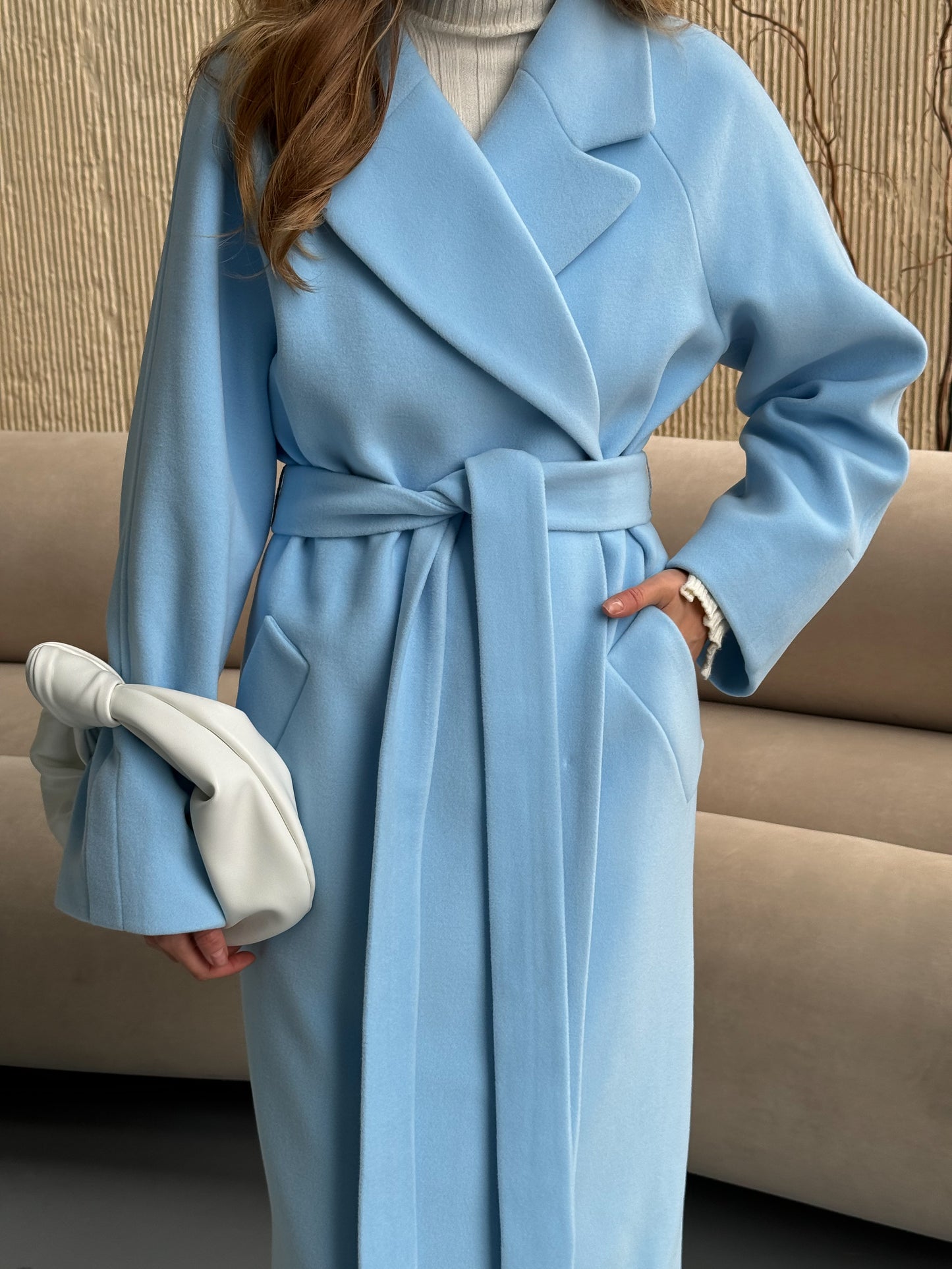 Double-breasted long coat with trim ribbon, blue