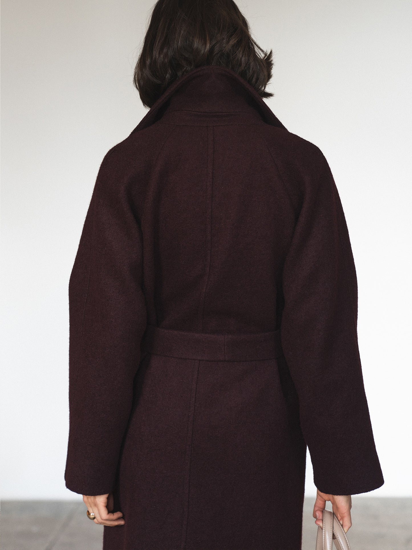 Double-breasted long coat with trim ribbon, Burgundy