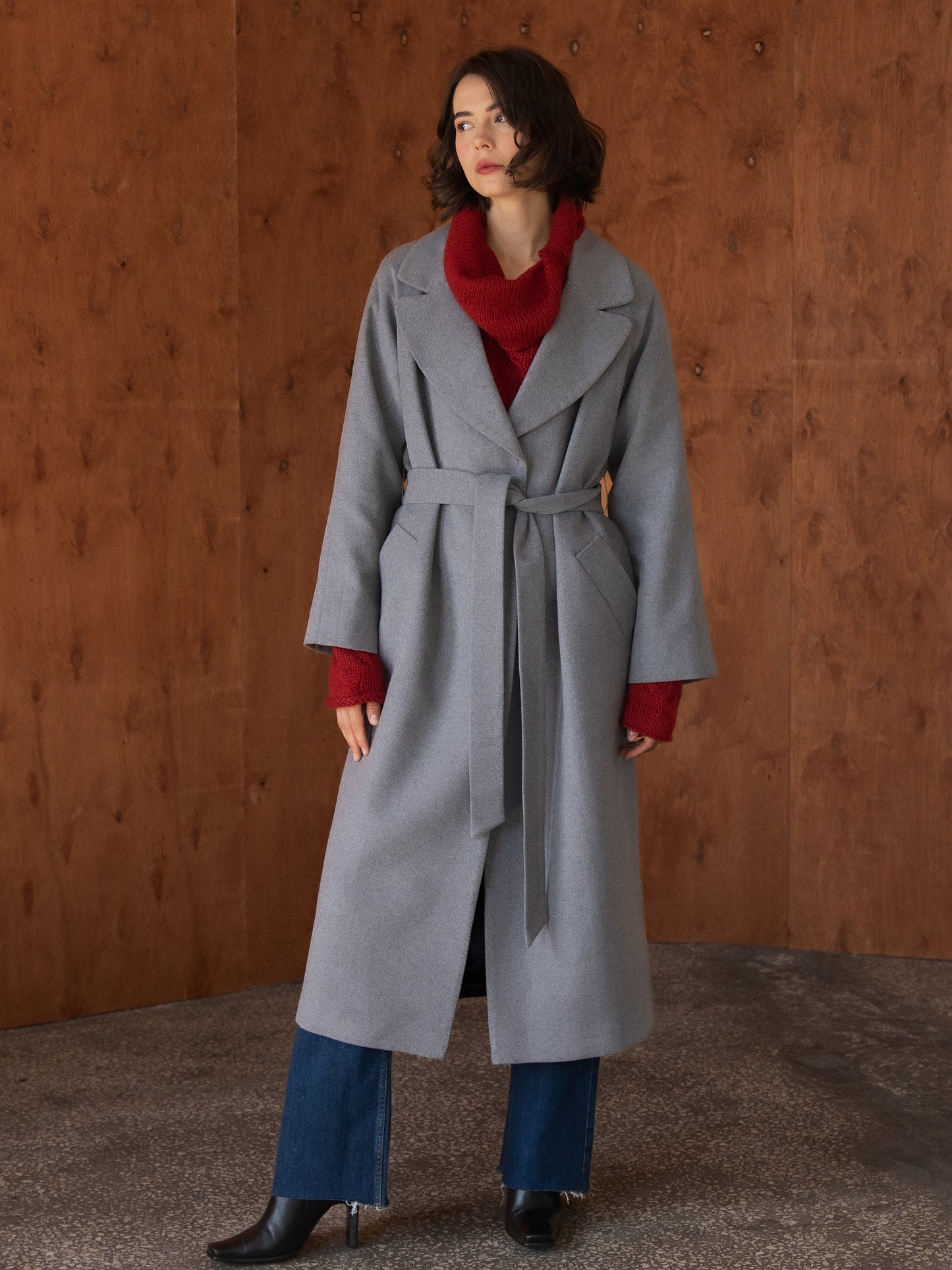 Double-breasted long coat with trim ribbon, Gray