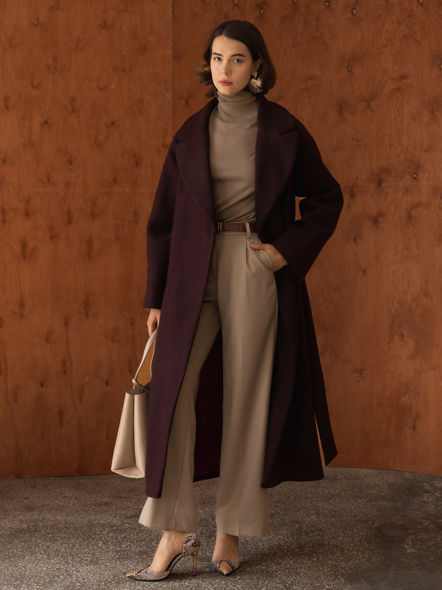 Double-breasted long coat with trim ribbon, Burgundy