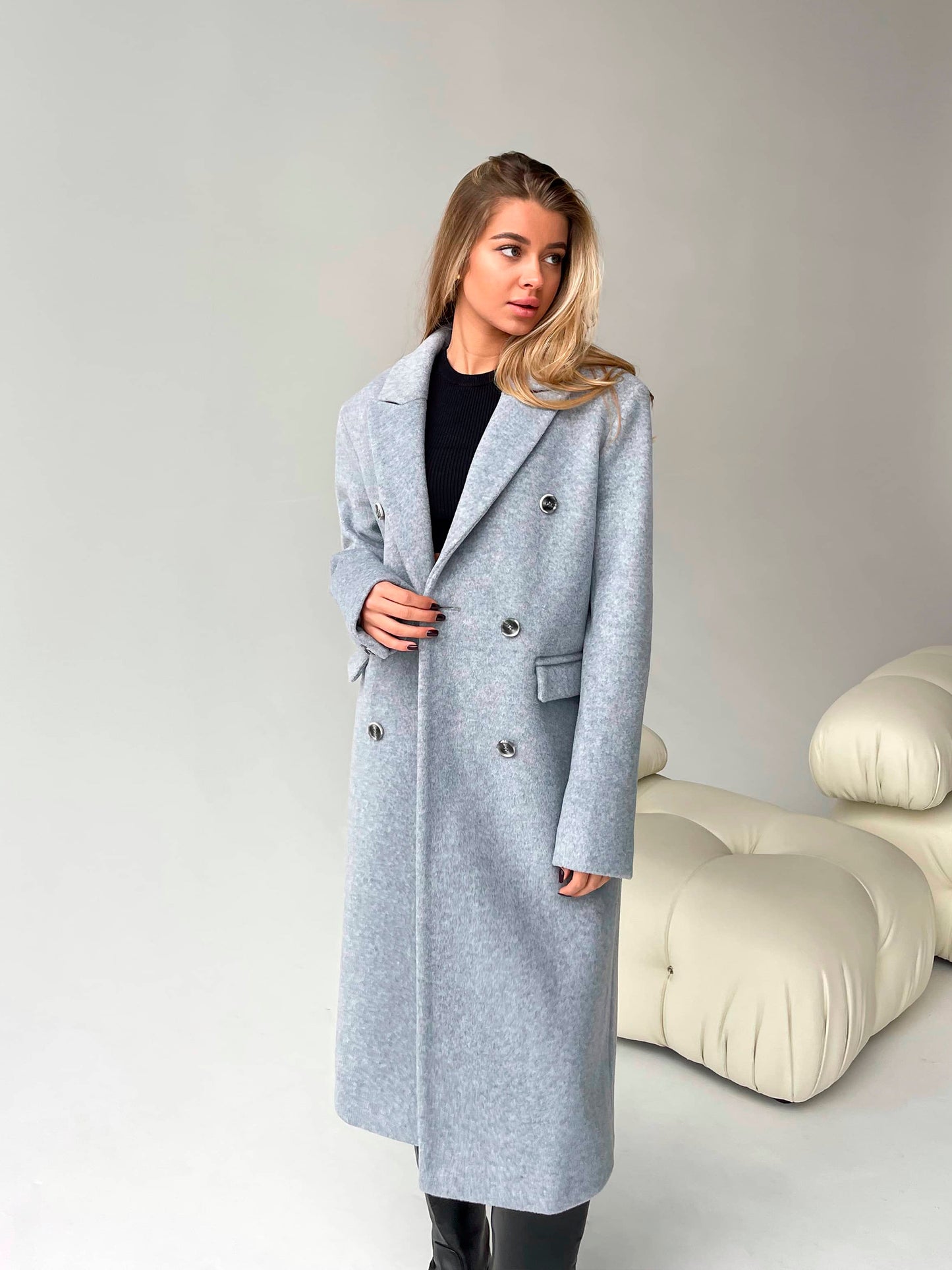 Wool Pile Coat with Masculine Shoulders, Grey