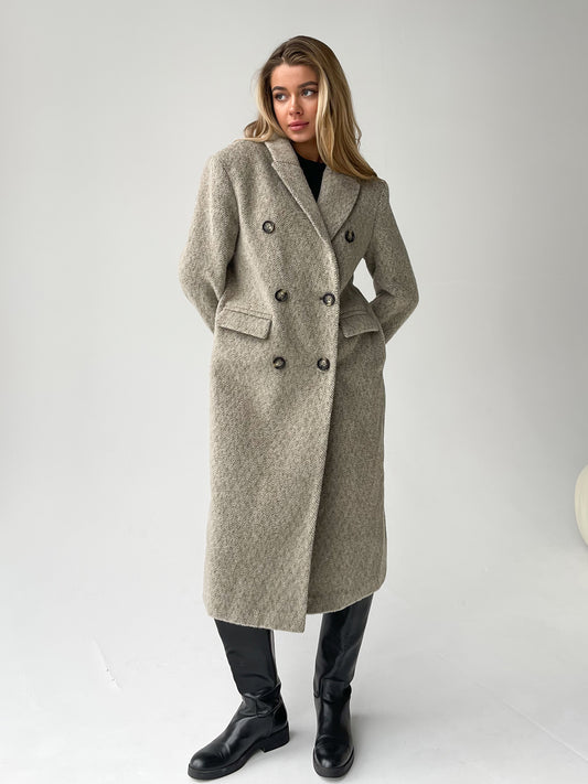 Wool Coat with Masculine Shoulders, Green Herringbone